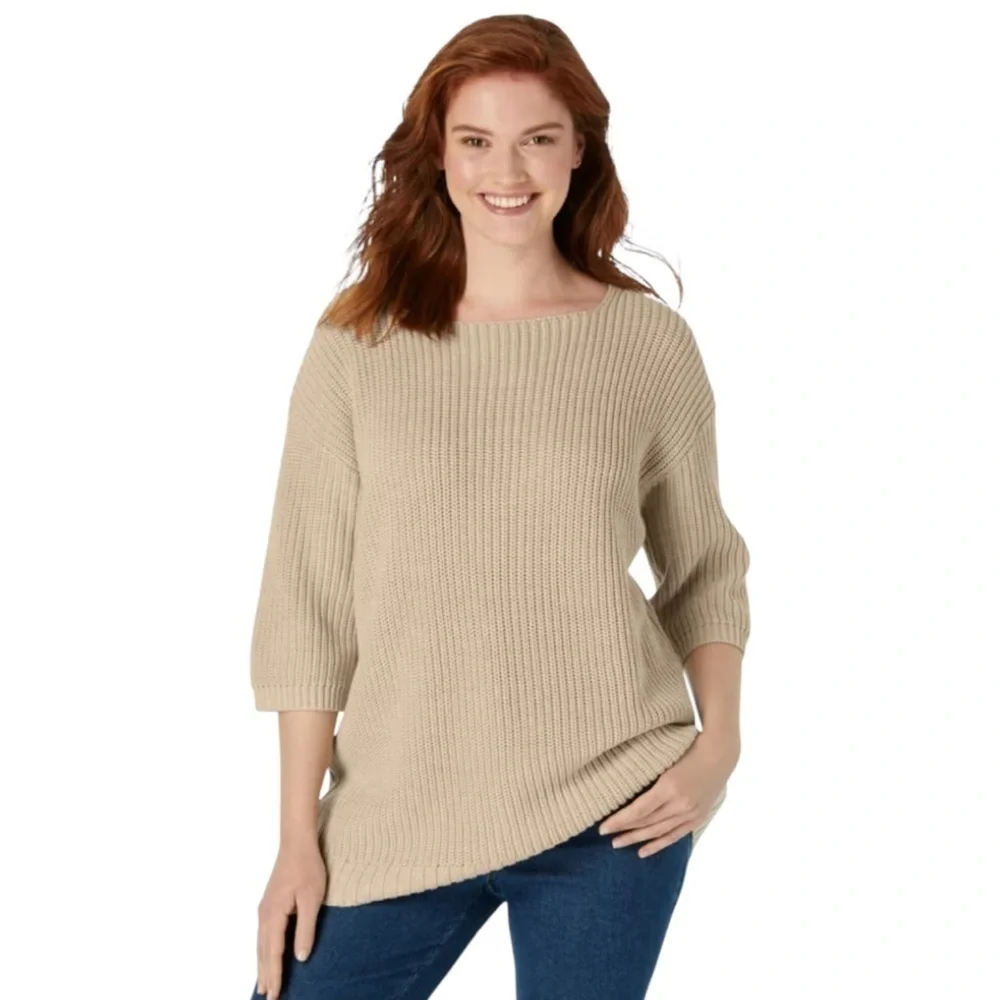 NWT Woman Within Three-Quarter Chunky Knit Beige Sweater Sz L (18-20)